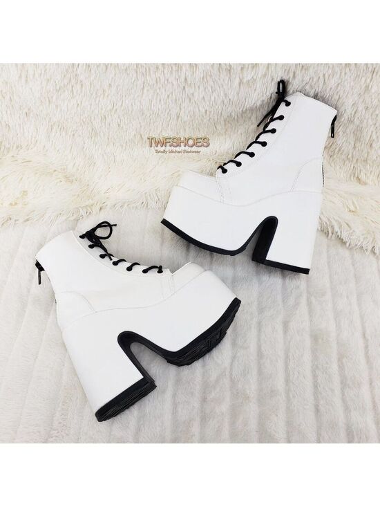Demonia Shoes - White Matte Chunky Platform Goth Punk Ankle Boots Camel